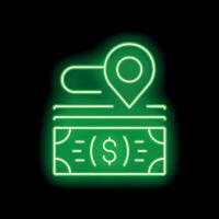 Green neon icon of a location pin above a stack of dollar bills, suggesting the concept of money location vector