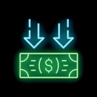 Neon icons of arrows pointing down to dollar bill representing income increasing vector