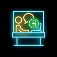 Neon icon of businessman working on laptop and talking about money vector