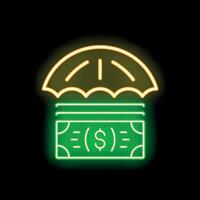 Neon sign of umbrella protecting money from rainstorm vector