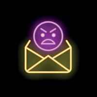 Neon icon of open mail envelope with angry emoji showing above vector