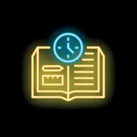 Neon icon of open book with clock representing time management vector