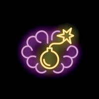 Neon sign of brain with burning bomb inside representing mental breakdown vector