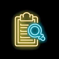 Neon magnifying glass hovering over clipboard with checklist on black background vector