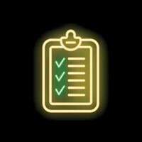 Neon sign showing a clipboard with a checklist on a black background vector
