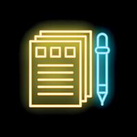 Glowing neon icon of documents with checkboxes and a pen, perfect for representing tasks, notes, or forms vector