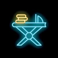 Neon icon of ironing board with folded clothes on top vector