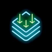 Neon glowing download symbol with three arrows pointing down on a stack of layers vector
