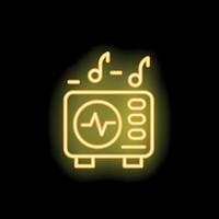 Neon icon of audio device playing music with soundwave visualization vector