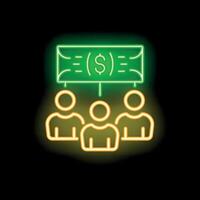Neon icon of three business people standing under a dollar bill connected by lines vector