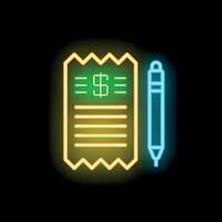Neon glowing icon of receipt and pen representing signing a contract vector