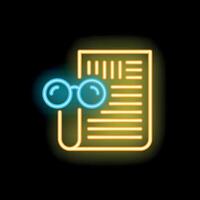 Neon icon of eyeglasses resting on document for reading and studying vector