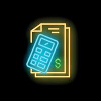 Neon sign representing calculating money with calculator and documents with dollar sign vector