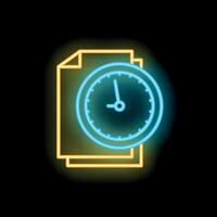 Neon clock showing deadline over documents icon vector