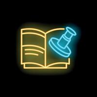 Neon open book with push pin icon glowing on dark background vector