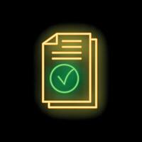 Neon icon of documents with green check mark symbolizing verification vector