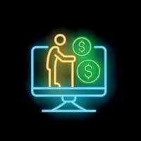 Neon icon of senior citizen using computer for pension and retirement savings vector