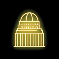 Yellow neon sign of a government building with columns and a dome on black background vector