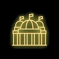 Neon yellow government building with flags icon on black background vector