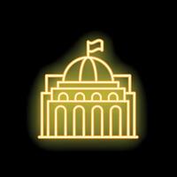 Neon sign of government building with flag on black background vector