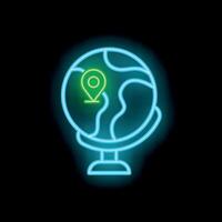 Neon globe showing location with pin icon on black background vector
