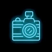 Glowing neon icon of a retro camera with flash on black background vector
