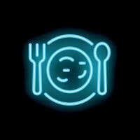 Neon sign showing plate with fork and spoon on black background vector