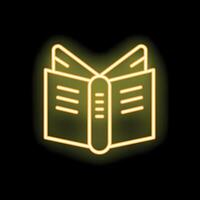 Yellow neon open book spreading knowledge icon at night vector