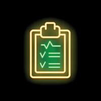 Neon sign showing clipboard with checklist on black background vector