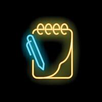 Neon sign of a blue pen drawing a line on a yellow notepad vector