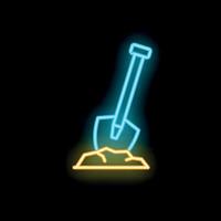 Neon shovel digging in ground on black background vector