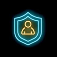 Neon shield protecting user icon on black background vector