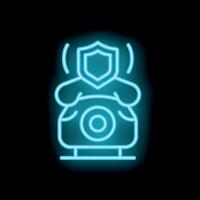 Blue neon sign of a vintage phone with a shield protecting it on a black background vector