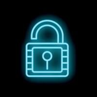 Neon open padlock shining on black background vector