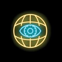 Neon icon of eye watching over world representing global surveillance vector