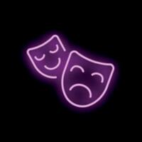 Pink neon sign showing comedy and tragedy theater masks on black background vector
