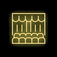 Yellow neon sign of theater stage with closed curtain and rows of seats on black background vector