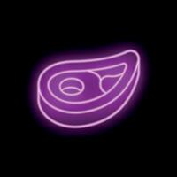 Neon icon representing a slice of meat with a bone in purple on black background vector