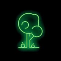 Green neon sign showing a tree with apples on black background vector