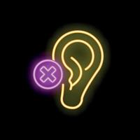 Neon icon of ear with cross signifying hearing loss or deafness vector
