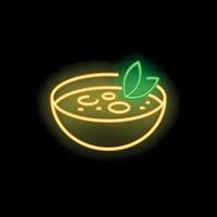 Neon sign of a bowl of soup glowing on black background vector