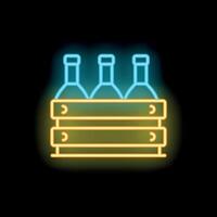 Neon sign of bottles in a crate glowing on black background vector