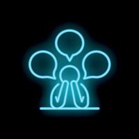 Neon icon of person choosing between multiple speech bubbles representing difficult decision vector