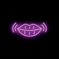 Neon sign showing lips speaking with sound waves on black background vector