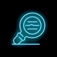 Neon magnifying glass showing text analysis concept on black background vector