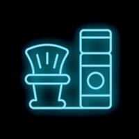 Blue neon icon of shaving brush and shaving foam glowing on black background vector