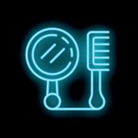 Neon sign representing a hand mirror and a comb on a black background vector