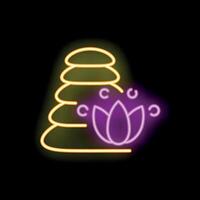 Neon sign illustrating concept of balance with stack of pebbles and lotus flower on top, glowing on black background vector