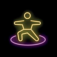 Neon sign of a person practicing yoga pose on black background vector