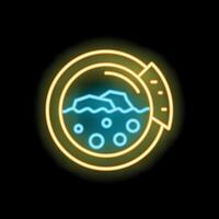 Neon icon of washing machine showing water and laundry inside vector